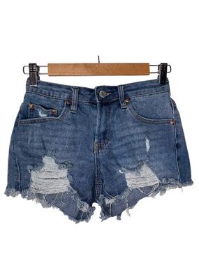 Almost Famous Women's Distressed Frayed Denim Shorts Medium Blue Size 0 Stretchy